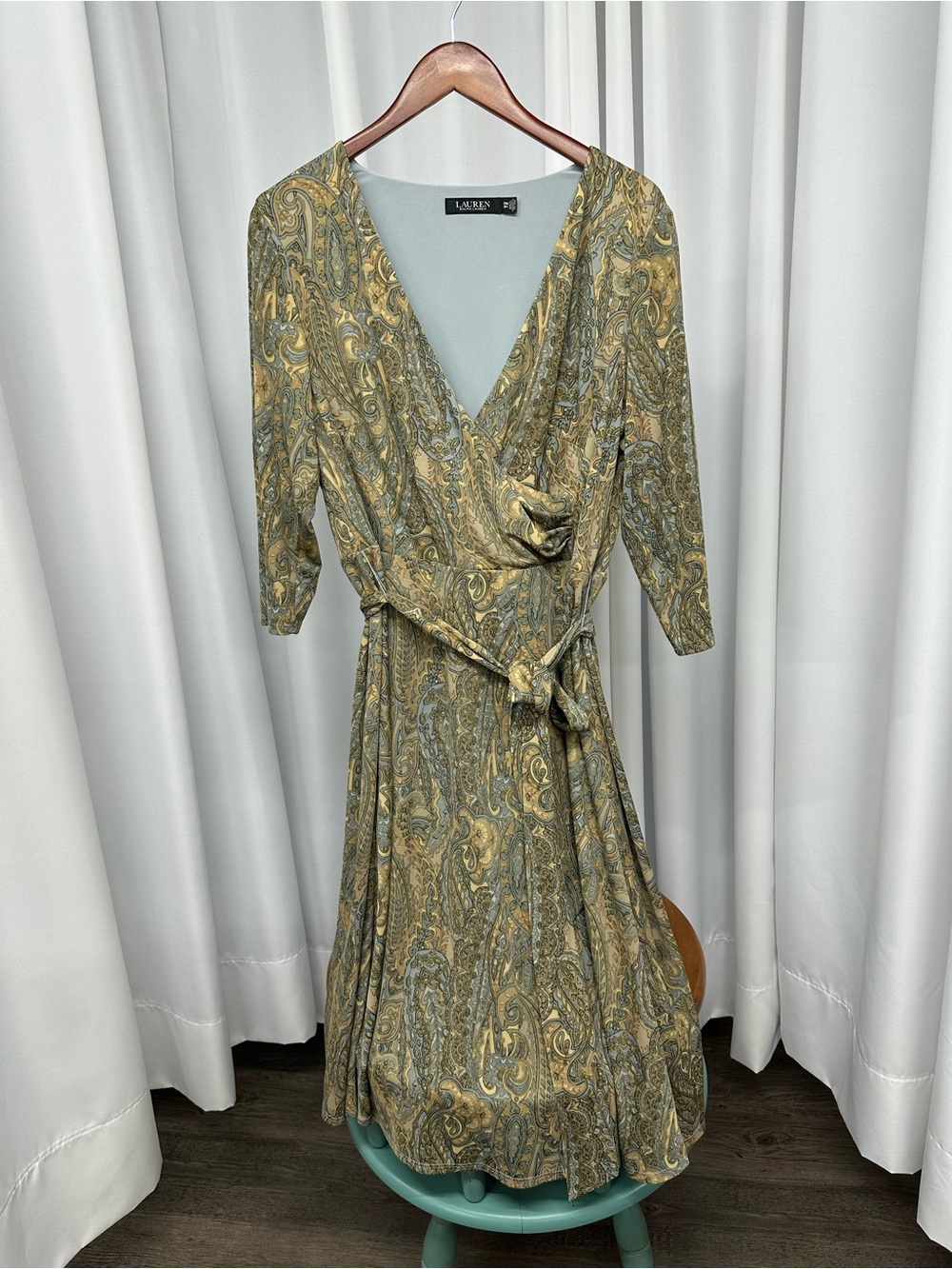 Ralph Lauren Sage and Gold Paisley faux Wrap Dress size 14w